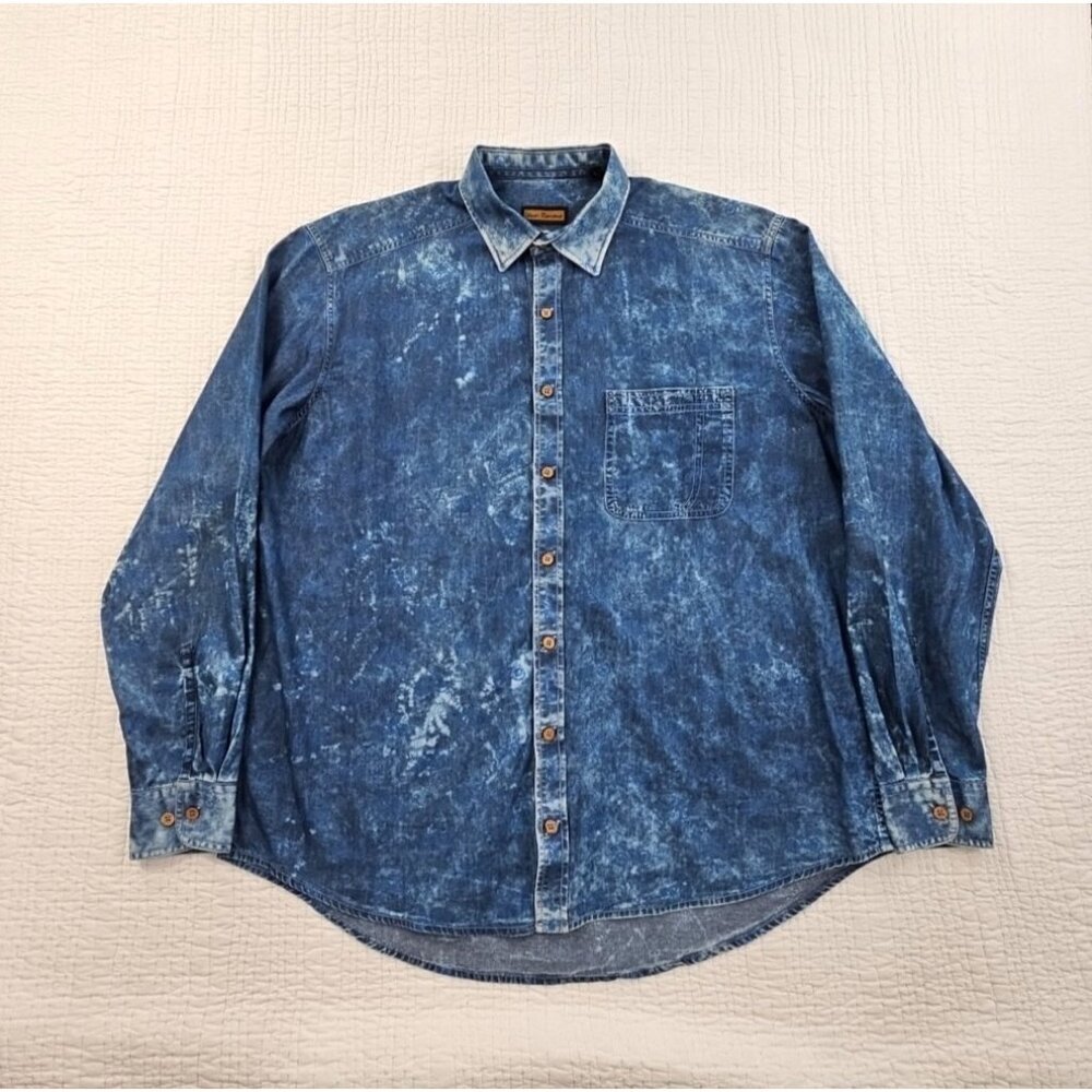 Lenor Ramano Shirt Men's L Blue Chambray Bike Motif Long Sleeve !00% Cotton EUC